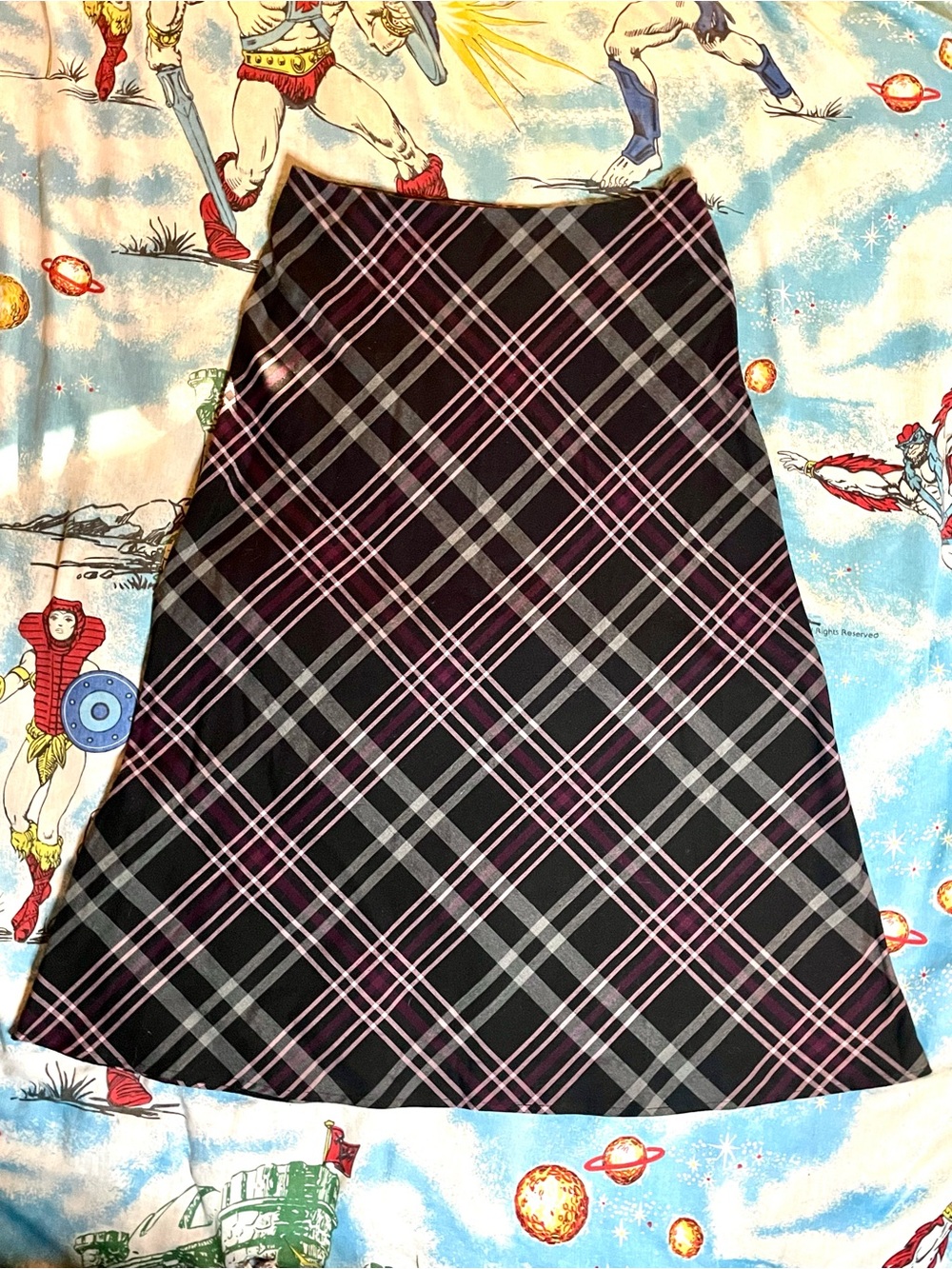 Vintage Y2K Dark Gray & Burgundy Plaid A-Line Long Skirt With Pink Lines sz 16